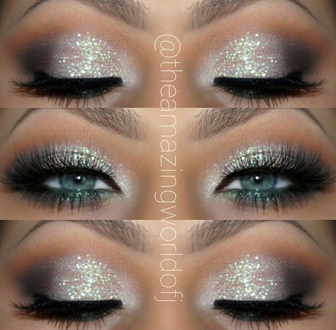 Pretty Silver Glitter Eye Makeup, Make Up Studio, Glittery Eyes, Formal Makeup, Glitter Eye Makeup, Glitter Eye, Smink Inspiration, Glamorous Makeup, Hoco Makeup