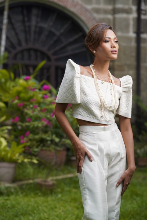 Cropped Filipiniana, Filipiniana Top And Pants, Filipiana Dress Modern Classy, Modern Filipiniana Outfit Classy Pants, Modern Filipiniana Top, Philippine Costume, Filipiniana Outfit, Filipiniana Top, Modern Filipiniana Dress