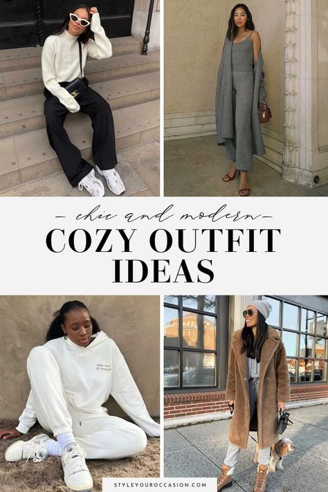 Looking for chic and cute cozy outfit ideas? If you love the cozy aesthetic, you'll love these cozy outfits for home, for school, for lazy days, for running errands, and you'll see how you can elevate them for date night and going out! There's cozy looks for spring, summer, fall, and winter with leggings, pants, skirts, dresses, and more. Cozy Morning Outfit, Comfy Glam Outfits, Spa Day Outfit Winter, Home Cozy Outfit, Cozy Outfit Aesthetic, Women's Autumn Outfits, Cute Cozy Outfits, Cozy Aesthetic Outfits, Casual Sunday Outfit