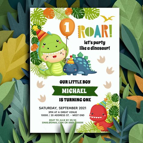 Boy Dinosaur Birthday Invitation - Birthday Invitation Dinosaur Themed Invitations, First Birthday Dinosaur Theme, Boy Dinosaur Birthday Party, Dino Themed Birthday Party, Birthday Dinosaur Theme, First Birthday Dinosaur, Prehistoric Plants, Dino Party Invitation, Birthday Extravaganza