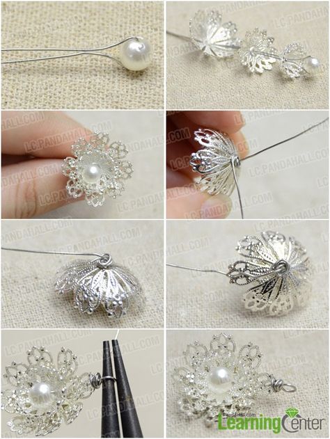 Step 1: Make filigree flower pendant Wire Necklace Diy, Necklace With Pearls, Wire Necklace, Necklace Diy, Handmade Wire Jewelry, Beaded Jewelry Patterns, Drop Beads, Jewelry Making Tutorials, Handmade Wire