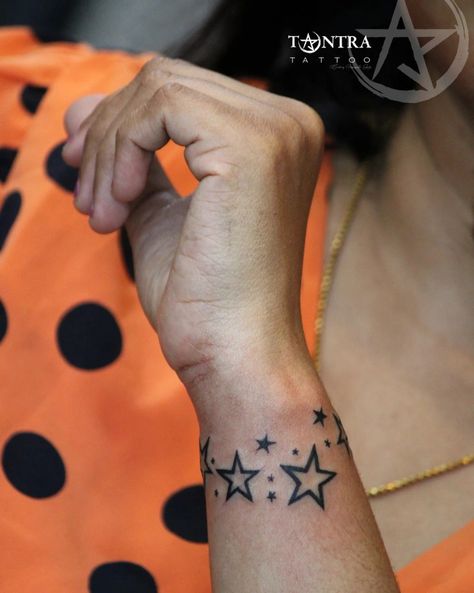 Star Arm Band Tattoo, Star Band Tattoo, Tattoo Ideas Stars, Inner Thigh Tattoos, Star Tattoo On Wrist, Wrist Tatoo, Blessed Tattoos, Name Tattoo Ideas, Stars Tattoo