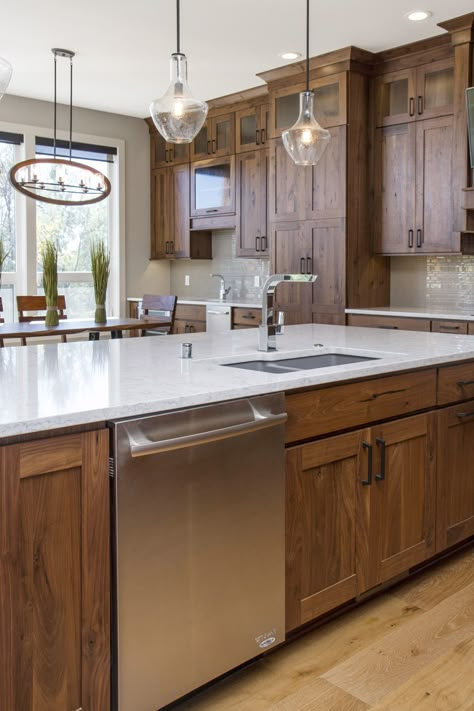 Dark Maple Cabinets Kitchen, Oak And Walnut Kitchen, Walnut Cabinets With Black Hardware, Dark Wooden Cabinets Kitchen, Walnut Cabinets White Countertops, Dishwasher In Island, Warm Wood Kitchen Cabinets, Kitchen Walnut Cabinets, Warm Wood Kitchen