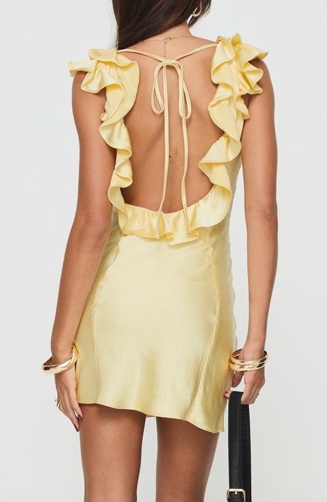 Princess Polly Buttacup Frill Satin Minidress | Nordstrom Frill Mini Dress, Cute Homecoming Dresses, Yellow Mini Dress, Polly Dress, Fleece Dress, Outerwear Outfit, Dress Yellow, Invisible Zip, Loungewear Sets