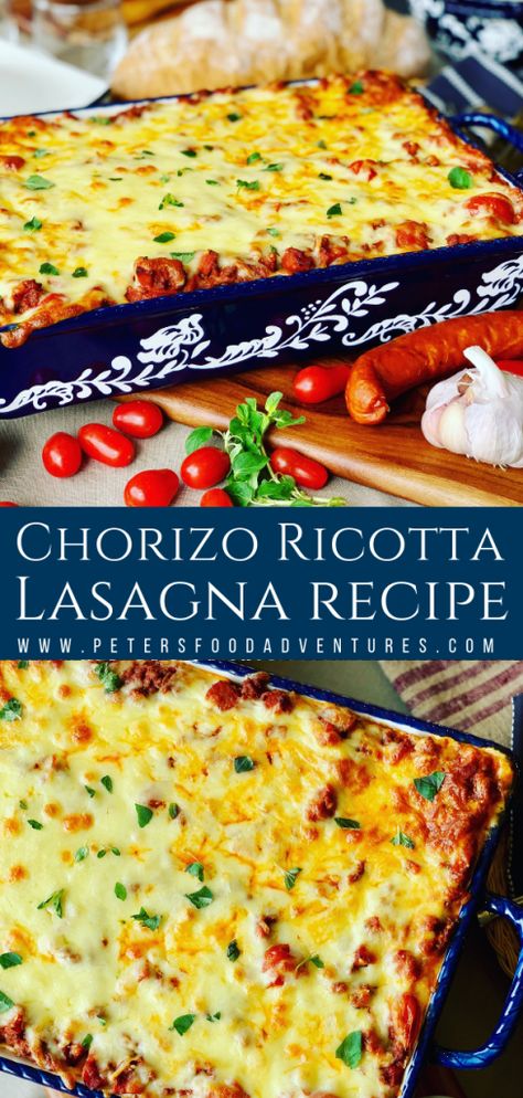 Delicious Meat Lasagna Recipe made better with Chorizo, creamy Ricotta, Cherry Tomatoes and fresh Oregano. It’s the perfect Italian comfort food! Chorizo Lasagna Recipe, Spicy Lasagna Recipe, Rigatoni Lasagna Bake Ricotta, Authentic Lasagna Recipe With Ricotta, Lasagna No Ricotta Or Cottage Cheese, Lasagna No Meat Recipe, Meaty Lasagna, Lasagna With Cottage Cheese, Meat Lasagna