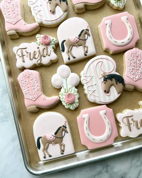 Equestrian Cookies Decorated, Horse Theme Cookies Decorated, Horse Birthday Cookies Decorated, Rodeo Themed 3rd Birthday, Horse Party Cookies, Horse Cookies Birthday Parties, Cowgirl Birthday Cookies Decorated, Horse Birthday Cookies, Cowgirl Princess Birthday Party