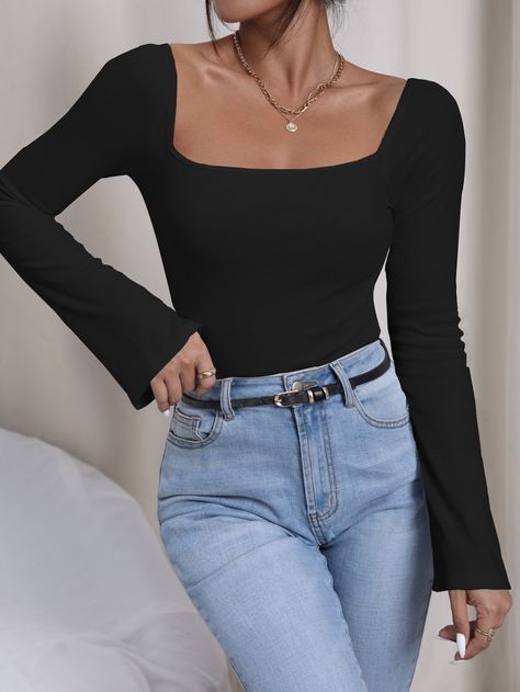 Black Square Neck Top Outfit, Square Neck Top Outfit, Square Neck Shirt, Square Neck Long Sleeve Top, Square Neck Top, Dream Style, Women T Shirts, Black Square, Women Tops