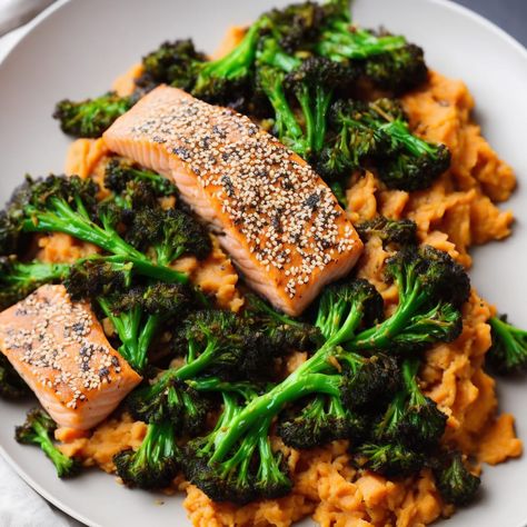 Sesame Salmon with Purple Sprouting Broccoli & Sweet Potato Mash Recipe | Recipes.net Chow Mein Recipe Vegetable, Broccoli Sweet Potato, Sesame Salmon, Sprouting Broccoli, Vegetable Chow Mein, Sweet Potato Mash, Ginger Salmon, Salmon Glaze Recipes, Salmon And Broccoli