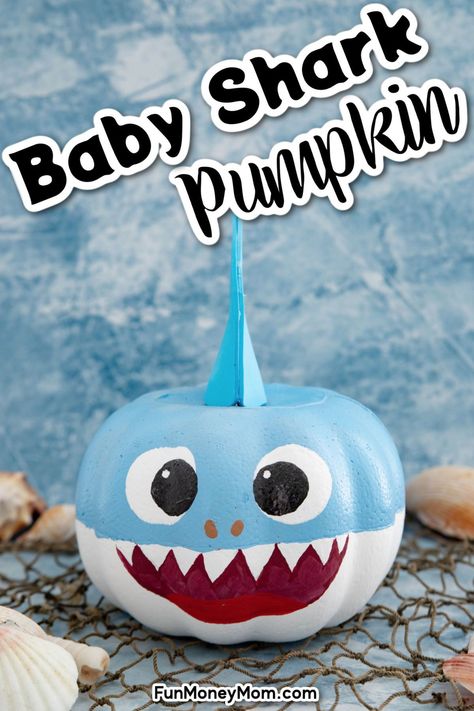 This adorable Baby Shark Pumpkin is the perfect no carve pumpkin craft for Halloween. Easy enough for kids of all ages, this fin-tastic Halloween activity will be a family favorite! Shark Pumpkin Painted, Baby Shark Pumpkin, Shark Pumpkin, Diy Pumpkin Painting, Diy Pumpkins Painting, Pumpkin Patch Craft, Disney Pumpkin Painting, Craft For Halloween, No Carve Pumpkin