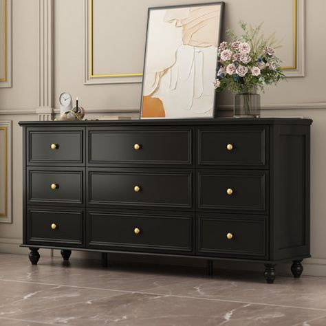 Wildon Home® Dateland 6 Drawer 47" W Double Dresser | Wayfair Black Dresser Bedroom, Tall Bed Frame, Rustic Dresser, Dresser Wood, Black Dressers, 7 Drawer Dresser, Velvet Headboard, 9 Drawer Dresser, Bedroom Furniture Dresser