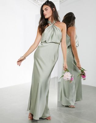 ASOS EDITION satin ruched halter neck maxi dress in sage green Green Satin Dress With Sleeves, Sage Green Satin Dress, Satin Dress With Sleeves, Ratu Elizabeth, Asos Bridesmaid Dress, Sage Green Maxi Dress, Pastel Bridesmaids, Pastel Bridesmaid Dresses, Satin Dressing Gown