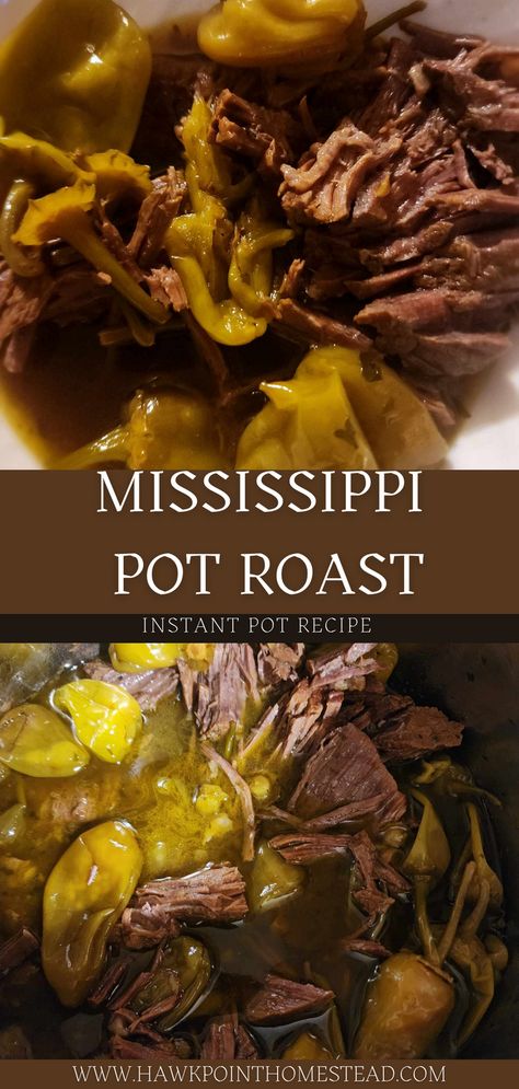 This Mississippi Pot Roast recipe for the Instant Pot is so good and so easy.  The pepperoncini peppers add just enough kick and such a good tangy flavor! This is one of my family’s favorite meals. It is a great recipe with simple ingredients. It can be served over mashed potatoes, or egg noodles. The instant pot Mississippi roast has so much flavor and makes a delicious meal! It is mouth tender with amazing flavor. Pot Roast Instant Pot Recipe, Mississippi Pot Roast Instant Pot, Instant Pot Mississippi Roast, Pot Roast Instant Pot, Roast Instant Pot, Mississippi Pot Roast Recipe, Gravy Packet, Lazy Lasagna, Mississippi Pot