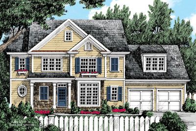 This 4-bed house plan has an attractive clapboard exterior and a 2-car front-facing garage. Inside, a two-story foyer opens to a formal dining room, brightened by a box-bay window.  The prominent family room warms with a fireplace and leads into the bayed breakfast nook and serving-bar kitchen. A first-floor bedroom is perfect as a guest room accessing a full bath, or quiet study.  Upstairs, two secondary bedrooms share a full bath and optional bonus space.  The master suite is em Sims Houses, Sims 4 House Plans, Two Story Foyer, Suburban House, Country Style House Plans, Country House Plan, Big House, Beautiful Houses, Country House Plans