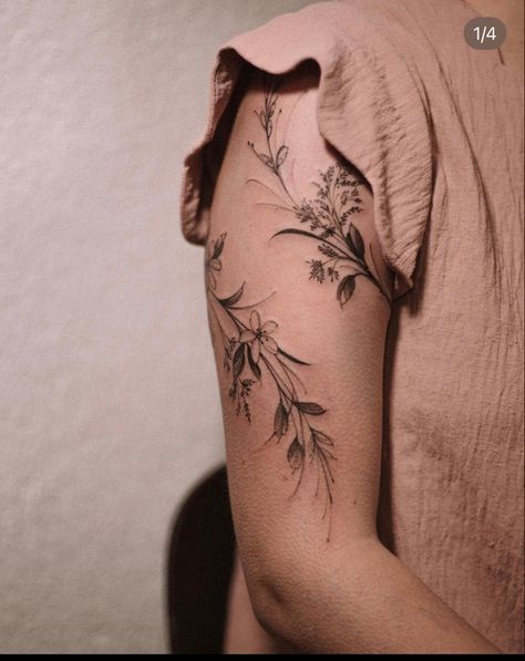 Vine Upper Arm Tattoos For Women, Upper Arm Flower Vine Tattoo, Classy Upper Arm Tattoos For Women, Floral Vine Shoulder Tattoo, Delicate Upper Arm Tattoos For Women, Botanical Vine Tattoo, Floral Wrap Around Tattoo Upper Arm, Botanical Wrap Tattoo Upper Arm, Upper Arm Floral Tattoos For Women