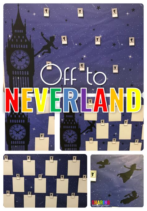 Peter Pan Classroom Door, Disney Theme Classroom Ideas, Peter Pan Classroom, Neverland Decor, Disney Classroom Door, Disney Bulletin Boards, Petar Pan, Library Window, Classroom Door Decorations