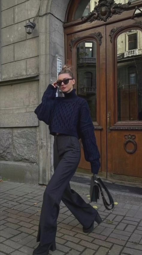 Jumper And Trousers Outfit Work, Trousers And Boots Women, Jumper And Wide Leg Trousers, Straight Leg Slacks Outfit, Fall Fashion Must Haves 2023, Winter Slacks Outfit, Outfits For Long Legs Ideas, Work Outfits Women Black Pants, Grey Trousers Outfit Women Work Attire