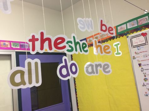 Hanging tricky sight words! Tricky Words Display, Tricky Word Wall, Phonics Spelling, Sight Word Fun, Teaching Sight Words, Class Displays, Science Vocabulary, Sight Word Reading, Tricky Words