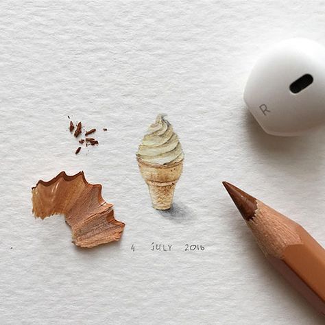 Small Pencil Drawings, Miniature Watercolors, Pencil Inspiration, Colored Pencil Drawings, Tiny Art, Art Miniature, Minimalist Drawing, Tiny World, Pencil Sketches