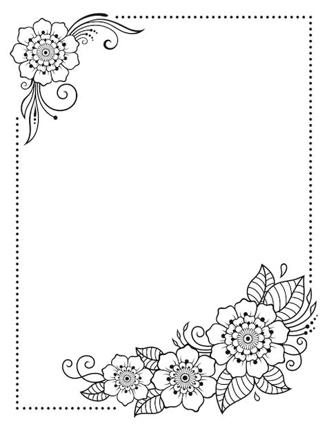 Floral Design Drawing, Boarders Designs For Projects, Flower Pattern Drawing, Bond Paper Design, Colorful Borders Design, Paper Art Design, Mehndi Style, Page Borders Design, Flower Drawing Design