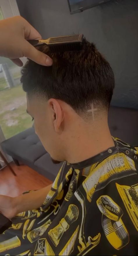 Simple cross haircut design Cross In Haircut Men, Taper Fade Haircut With Letter Design, Cross On Haircut, Back Taper Design Haircut Cross, Design For Haircut Men, Cross Haircut Designs For Men, Taper Fade With Cross Design, Cross Fade Haircut, Haircut Pictures Men