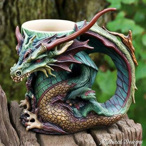 Fantasy Mug, Dragon Mug, Dragon Dreaming, Polymer Clay Dragon, Polymer Clay Gifts, Dragon Artwork Fantasy, Dragon Decor, Clay Dragon, Garden Pottery