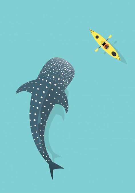 Whale shark and kayak isolated on blue sea background Premium Vector Ocean Prints Aesthetic, Whale Shark Illustration Cute, Whale Shark Mural, Cartoon Whale Shark, Sea Animals Illustration, Whale Shark Illustration, Whale Shark Wallpaper, Whale Shark Drawing, Whale Shark Art