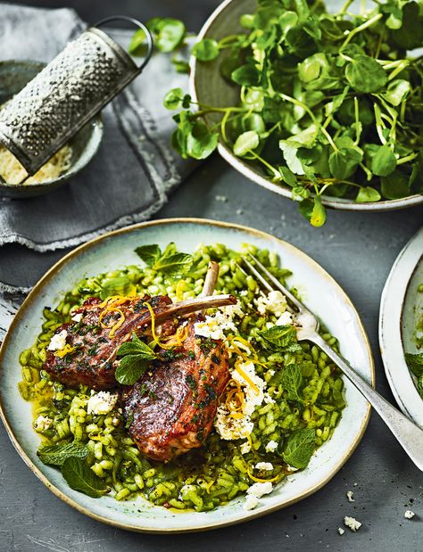 A great Sunday lunch, or special supper for two. The rich sweetness of the lamb is complemented by the peppery, fresh watercress risotto. Supper For Two, Watercress Recipes, Roast Dinner Recipes, Sainsburys Recipes, Spring Food, Dinner Recipes For Two, Bistro Food, Risotto Recipe, Recipes For Two