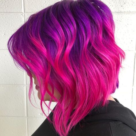 Pink Purple Hair Short, Hot Pink Purple Hair, Purple And Fuschia Hair, Neon Hair Color Ideas Short, Pink Roots Purple Hair, Short Bright Pink Hair, Hot Pink And Purple Hair, Short Vivid Hair, Pink And Purple Short Hair