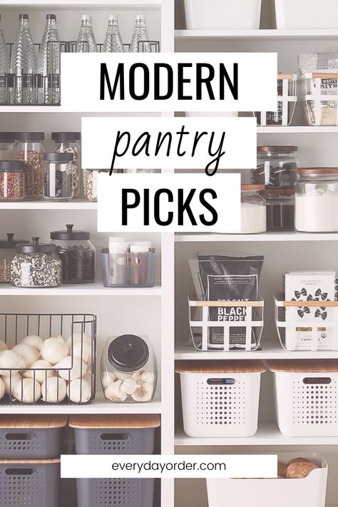 Storage Bins For Pantry, Pantry Organizing Containers, Black And White Pantry Ideas, Black And White Pantry Organization, Minimalist Pantry Organization, Black Pantry Organization, Black And White Pantry, Pantry Bins, Organizing Containers