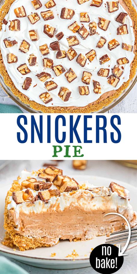 With just 5 ingredients you can make this delicious frozen Snickers Pie for friends and family! A slice of this ice box pie is full of real pieces of Snickers bars topped with cold cool whip for a creamy summer dessert. Frozen Pie Recipes, Ice Box Pie, Gooey Desserts, Snickers Pie, Cool Whip Pies, Frozen Pudding, Viral Recipes, Icebox Pie, Shugary Sweets