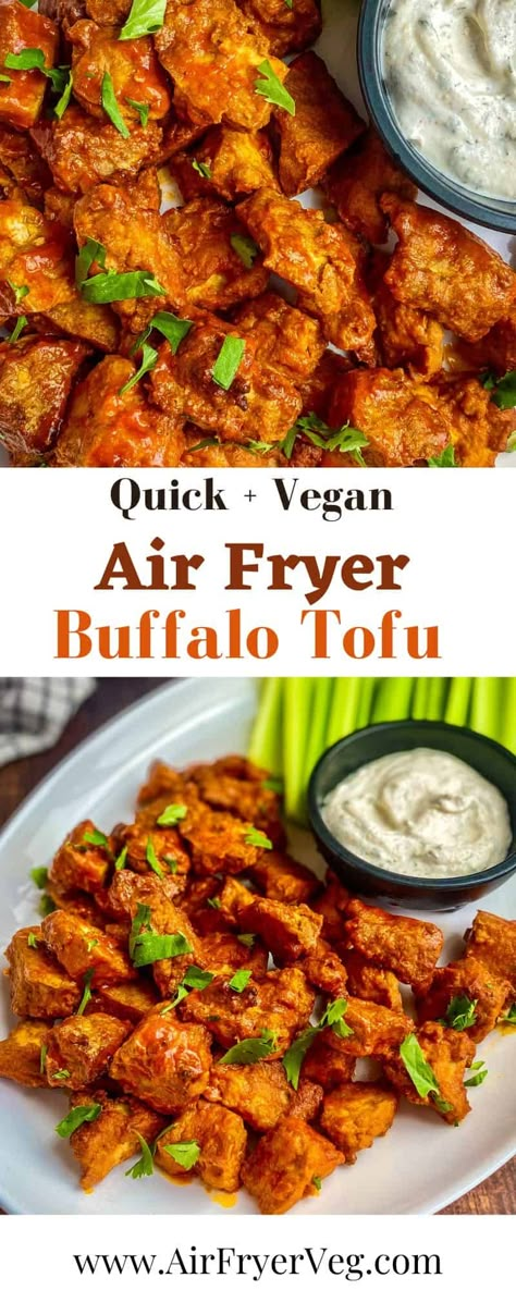 These Air Fryer Buffalo Tofu bites are spicy, flavorful, and the perfect easy vegan substitute for chicken wings. Serve them with a side of vegan ranch or blue cheese dressing as a main dish or a party appetizer! Vegan Buffalo Wings, Vegan Buffalo Sauce, Tofu Bites, 2024 Meals, Tofu Recipes Healthy, Buffalo Tofu, Tofu Chicken, Bbq Tofu, Vegan Pantry