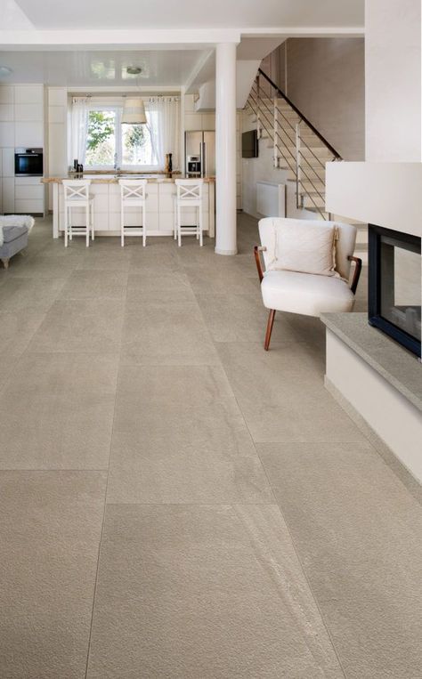 White Tile Living Room Decor, Tiled Floors Living Room, Large Format Tile Floor, Stone Flooring Living Room, Large Tile Flooring, Lounge Flooring, Porcelain Living Room, Apartment Flooring, Floor Tiles Living Room