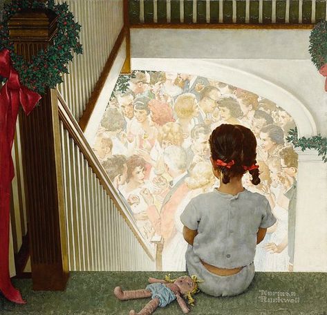 Norman Rockwell - Little Girl Looking Downstairs at Christ… | Flickr Norman Rockwell Prints, Norman Rockwell Christmas, Girls Christmas Party, Norman Rockwell Art, Rockwell Paintings, Norman Rockwell Paintings, Norman Rockwell, Christmas Paintings, Art Auction