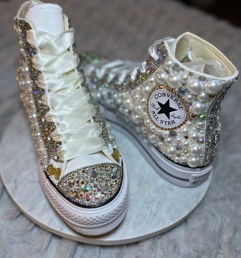 Pearl High Top Converse, Silver Luxury High-top Custom Sneakers, Converse Custom High-top Sneakers With White Sole, Silver High-top Sneakers With Bling, White High-top Custom Sneakers With Rhinestones, Gold Quince, Converse Design, Cute Converse Shoes, High Top Chucks