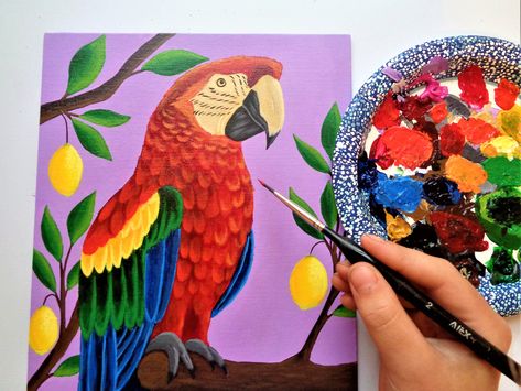 Painting Of Parrots, Macaw Painting Acrylics, Parrot Oil Painting, Macaw Parrot Painting Acrylic, Parrot Miniature Painting, 3d Pencil Drawings, Parrot Painting, Big Canvas, Kids Art Class