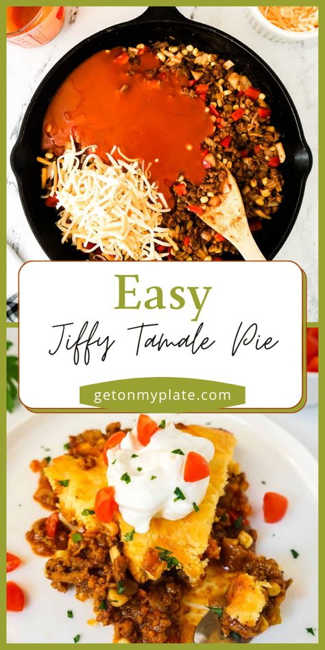 This Easy Jiffy Tamale Pie is a simple, super flavorful one-pan meal! A delicious mixture of meat, veggies, and enchilada sauce is topped with an easy, cheesy cornbread (from Jiffy mix!), then baked until golden brown. Pile on your favorite toppings and enjoy! This dish can also be made ahead and frozen and is perfect for busy weeknights! Jiffy Tamale Pie Recipe, Tamale Pie With Jiffy Cornbread, Jiffy Tamale Pie, Easy Tamale Pie, Mexican Recipies, Easy Tamales, Tamale Pie Recipe, Cheesy Cornbread, Cornbread Recipe Sweet