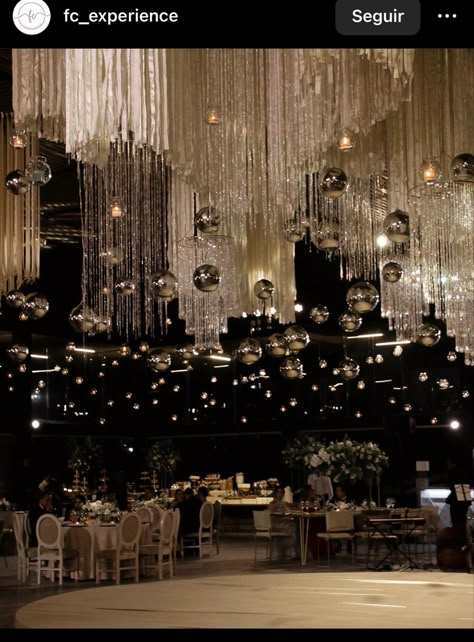 Sangeet Ideas Themed Parties, Ball Theme Ideas, Ceiling Wedding Decorations, Prom Venue Ideas, Rich Birthday Party, Prom Venues, Prom Decorations, Ceiling Drapes, Reception Stage Decor