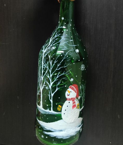 Winter Wine Bottles, Holiday Wine Bottle Crafts, Christmas Lights Bottle, Wine Bottle Crafts Christmas, Hand Painted Wine Bottles, Painted Bottles, Hand Painted Bottles, Glass Bottle Diy, Christmas Wine Bottles