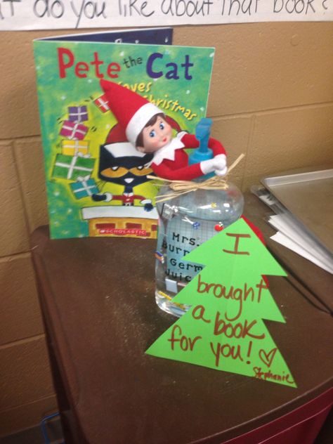 Elf on the shelf brings a book Elf On The Shelf Book Gift, Elf On The Shelf Brings Books, Elf In The Shelf Classroom, Class Elf Ideas, Elf On The Shelf Classroom Ideas, Elf On Shelf Letter, Elf Classroom, Classroom Elf, Elf Ideas Easy