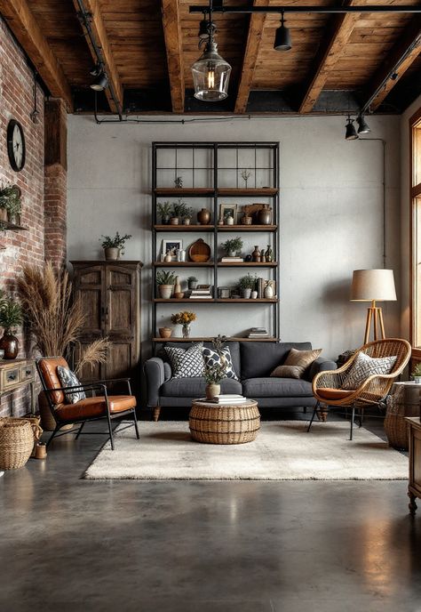 Barndominium Interior Ideas Modern Earthy Living Room, Barndominium Interior Ideas, Chesterfield Living Room, Industrial Living Room Design, Brick Living Room, Industrial Living Room, Barndominium Interior, Living Room Classic, Grey Couch Living Room