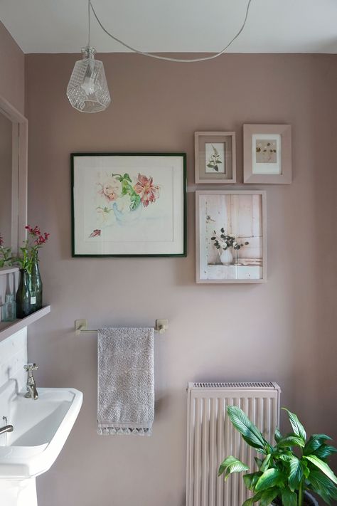 Farrow And Ball Sulking Room, Small Toilet Decor, Sulking Room Pink, Cloakroom Ideas, Brass Taps, Small Downstairs Toilet, Cloakroom Toilet, Pink Toilet, Hexagon Floor