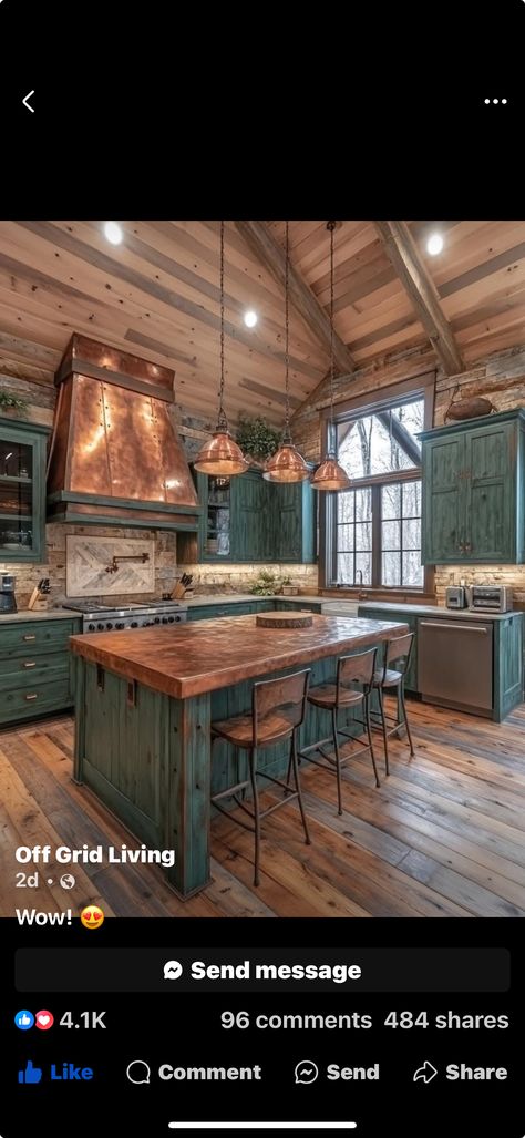 Rustic Lodge Kitchen, Lodge Kitchen, Distressed Cabinets, Barn Kitchen, Butcher Block Counter, Barn Style House Plans, Barn Style House, Rustic Lodge, Barn Style