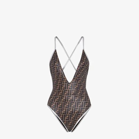 Brown Lycra® one-piece swimsuit - SWIMSUIT | Fendi Swimsuit Material, Luxury Swimwear, Cute Swimsuits, Dope Outfits, Bags Accessories, V Shape, Criss Cross, One Piece Swimsuit, Bathing Suits