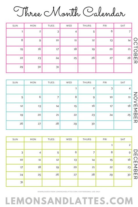 A cute and simple quarterly calendar for 2023 that you can print out at home. This three month calendar template is for the 4th quarter and includes October, November, and December. Month Calendar Printable, Month Calendar Template, Calendar For 2023, Quarterly Calendar, Free Printables Organization, Binder Printables, Simple Planner, Schedule Templates, Home Management Binder