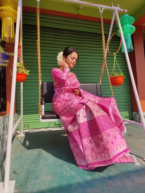 Assamese wedding attire Pink Mekhela Chador, Assamese Wedding Dress, Assamese Outfit, Assamese Wedding, Assamese Bride, Mekhela Sador, Mekhela Chador, Simple Saree Designs, Bridal Photography Poses