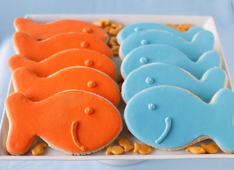 My niece's co-worker ordered goldfish sugar cookies for her son's first birthday party this month.  I just love the color theme she chose. ... Goldfish Cookies, Goldfish Party, Fish Cards, Fish Party, Gf Cookies, Fish Cookies, Bubble Guppies Party, Bubble Guppies Birthday, Pool And Beach