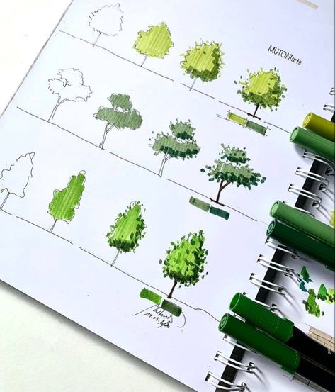 Architectural Trees, Interior Architecture Sketch, Art Markers Drawing, Landscape Design Drawings, Furniture Design Sketches, Landscape Architecture Drawing, Interior Design Renderings, Interior Architecture Drawing, Nature Sketch