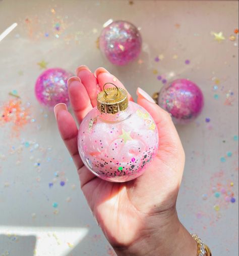 Pink Ornaments Diy, Iridescent Pink Christmas, Confetti Ornaments, Home.ade Pink Ornaments, Unicorn Glitter Ornament Diy, Neon Pink Ornaments, Bright Pink Ornaments, Christmas Tree Train, Merry Christmas Ya Filthy Animal