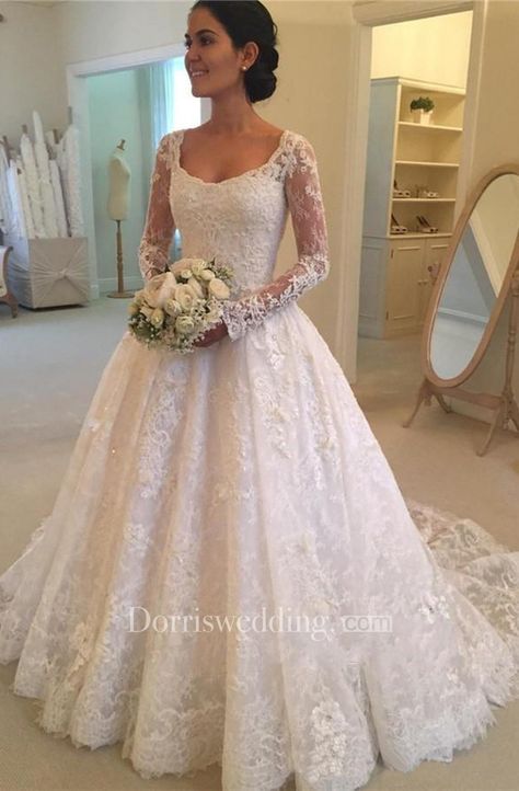 Luxury Lace and Tulle Illusion Sleeve Ball Gown Wedding Dress - Dorris Wedding Court Train Wedding Dress, Ivory Lace Wedding Dress, Long Sleeve Ball Gowns, Wedding Dresses Uk, Ruffle Wedding Dress, Wedding Dress Train, Long Sleeve Wedding, Dresses Elegant, Perfect Wedding Dress