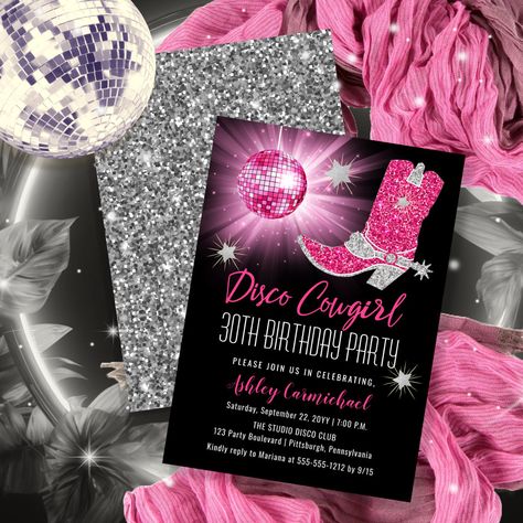 Cowgirl 21 Birthday Party, Pink Disco Cowgirl, 21 Birthday Party, Disco Mirror, 60th Birthday Party Invitations, 30th Birthday Party Invitations, 60 Birthday, 40th Birthday Party Invites, Pink Disco